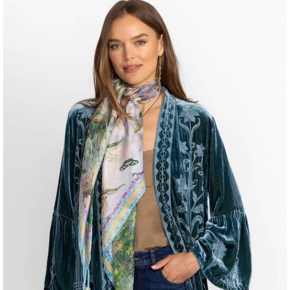 Johnny Was Rawi Silk Scarf Print Square Large Nature Green Tassels 44"x44" NEW - Picture 2 of 2